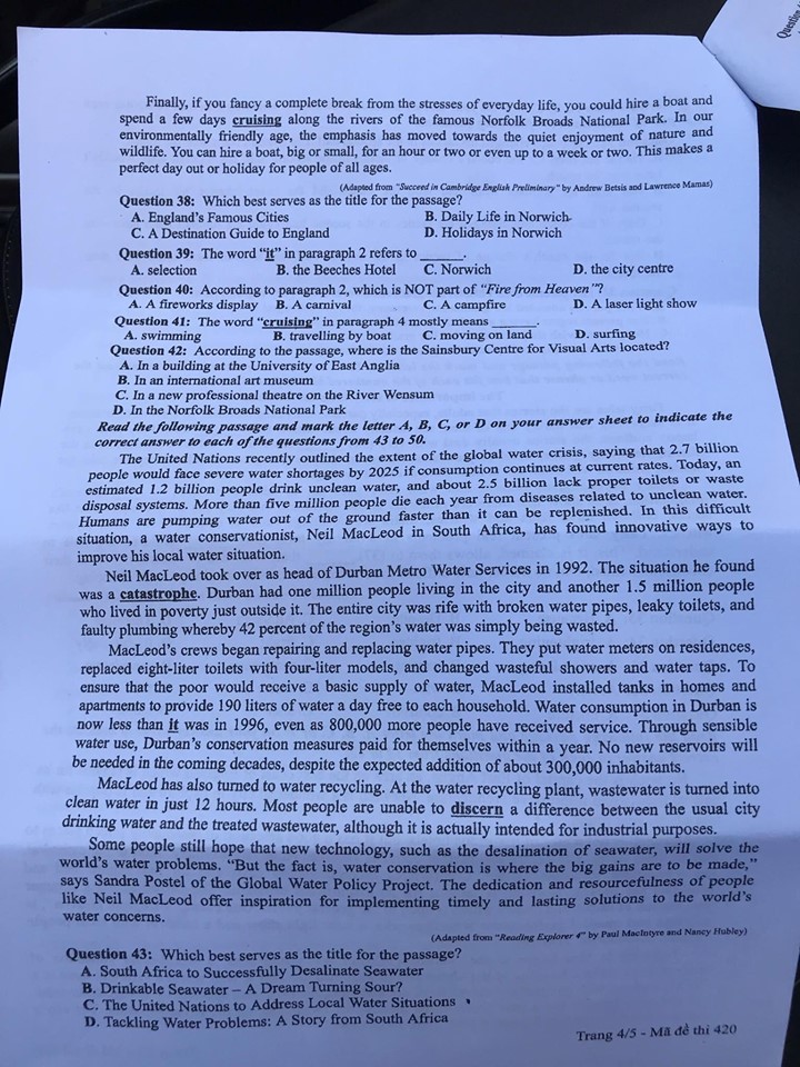 Giáo dục - Đáp án đề thi môn tiếng Anh mã đề 420 thi THPT Quốc gia 2019 chính xác nhất (Hình 5).