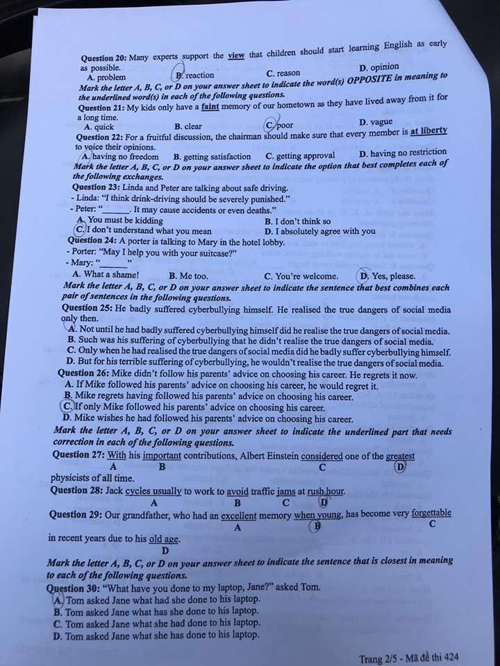 Giáo dục - Đáp án đề thi môn tiếng Anh mã đề 424 thi THPT Quốc gia 2019 chính xác nhất (Hình 3).
