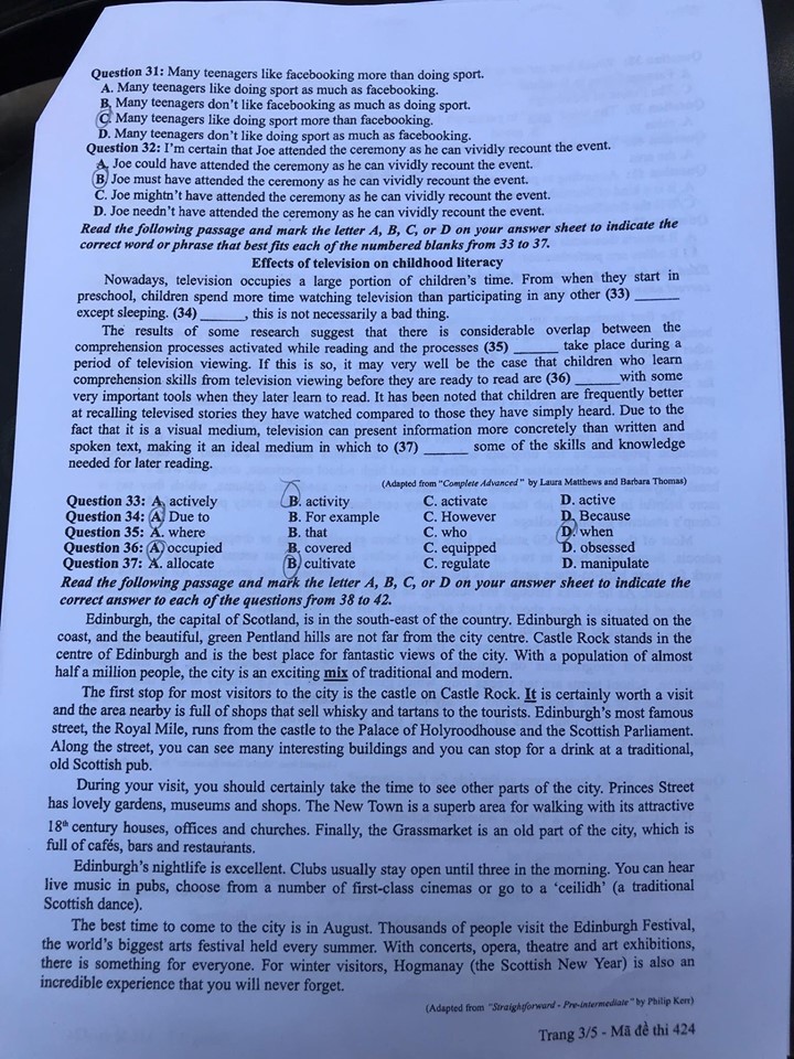 Giáo dục - Đáp án đề thi môn tiếng Anh mã đề 424 thi THPT Quốc gia 2019 chính xác nhất (Hình 4).
