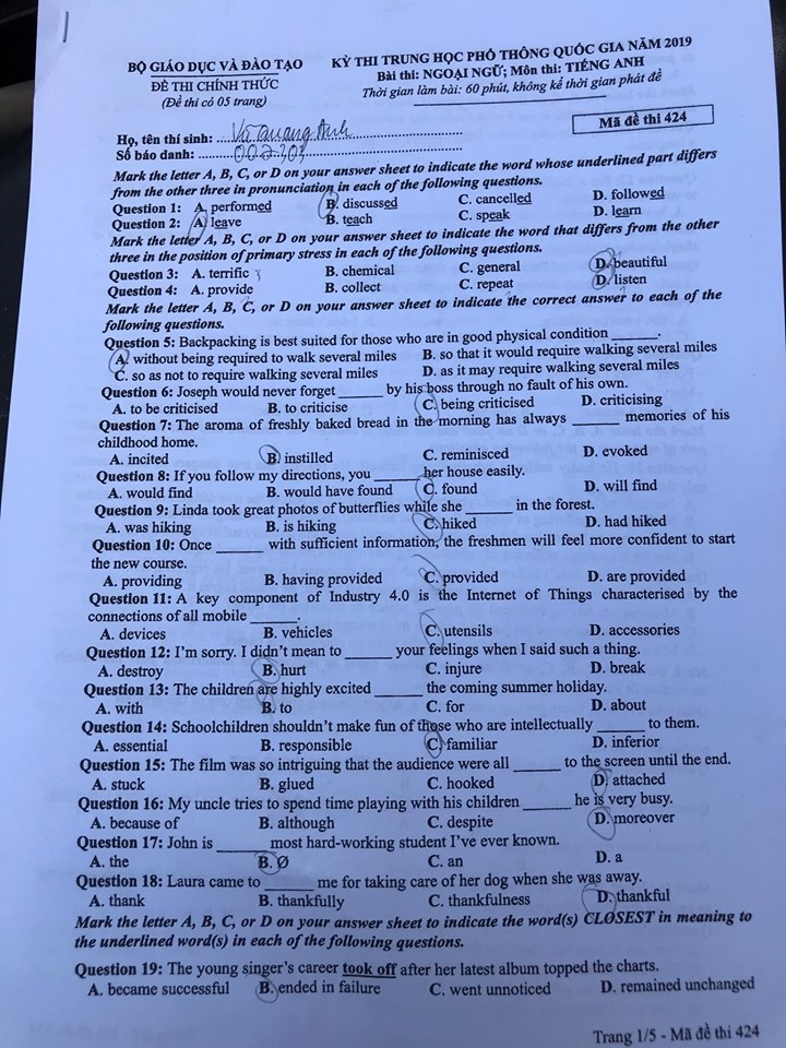 Giáo dục - Đáp án đề thi môn tiếng Anh mã đề 424 thi THPT Quốc gia 2019 chính xác nhất (Hình 2).