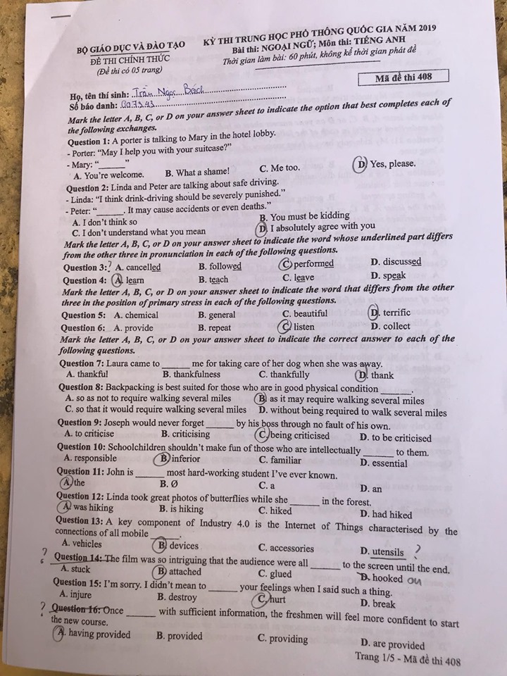 Giáo dục - Đáp án đề thi môn tiếng Anh mã đề 408 thi THPT Quốc gia 2019 của bộ GD&ĐT  (Hình 2).