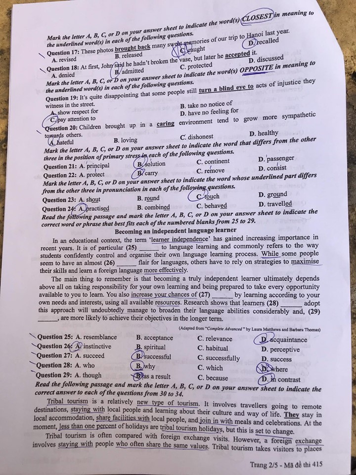 Giáo dục - Đáp án đề thi môn tiếng Anh mã đề 415 thi THPT Quốc gia 2019 chính xác nhất (Hình 2).