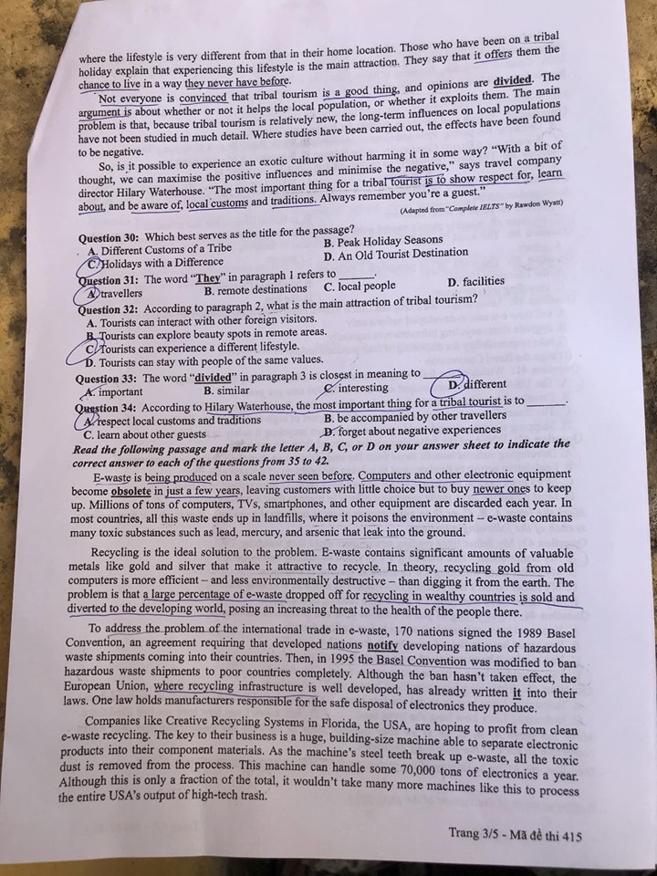 Giáo dục - Đáp án đề thi môn tiếng Anh mã đề 415 thi THPT Quốc gia 2019 chính xác nhất (Hình 3).