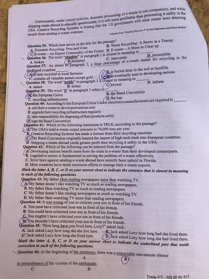 Giáo dục - Đáp án đề thi môn tiếng Anh mã đề 415 thi THPT Quốc gia 2019 chính xác nhất (Hình 4).