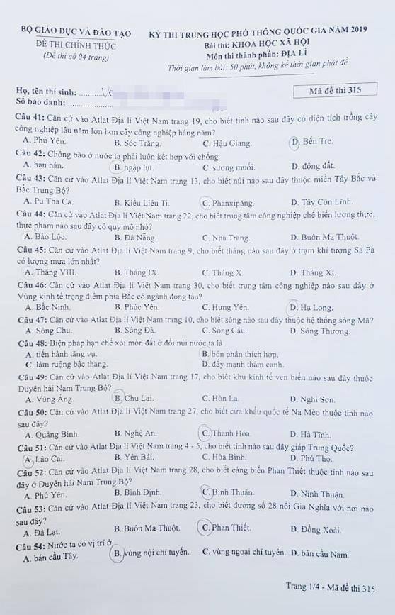 Giáo dục - Đáp án đề thi môn Địa lý thi THPT Quốc gia 2019 của bộ GD&ĐT mã đề 315 (Hình 2).