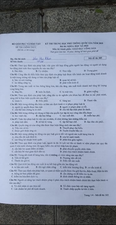 Giáo dục - Đáp án đề thi môn GDCD mã đề 305 thi THPT Quốc gia 2019 chuẩn nhất (Hình 2).