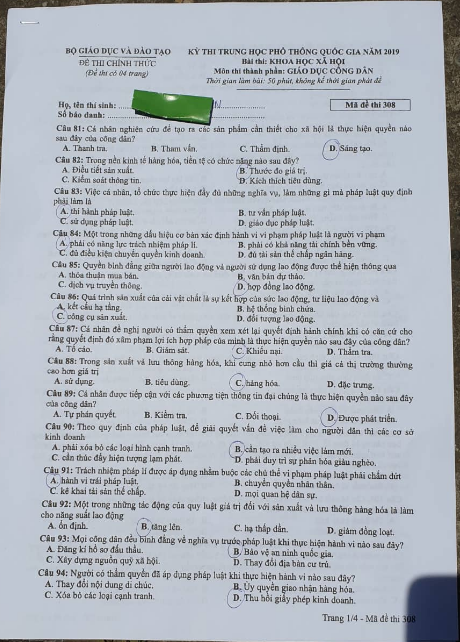Giáo dục - Đáp án đề thi môn GDCD mã đề 308 thi THPT Quốc gia 2019 chuẩn nhất (Hình 3).