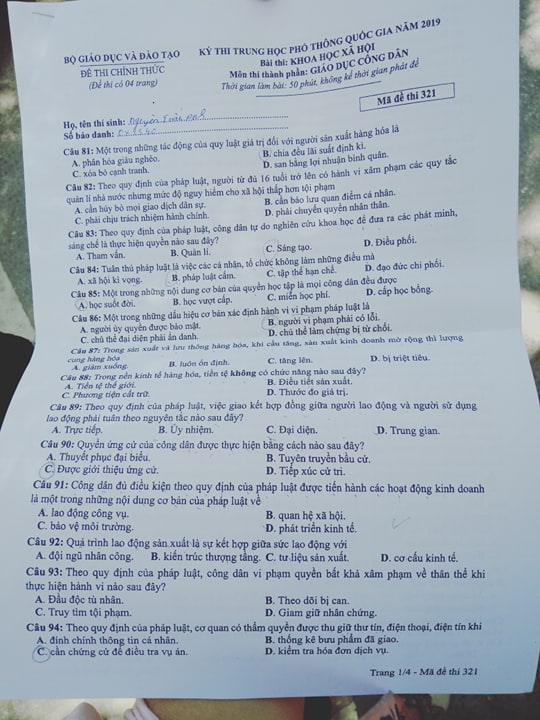 Giáo dục - Đáp án đề thi môn GDCD mã đề 321 thi THPT Quốc gia 2019 chuẩn nhất (Hình 2).