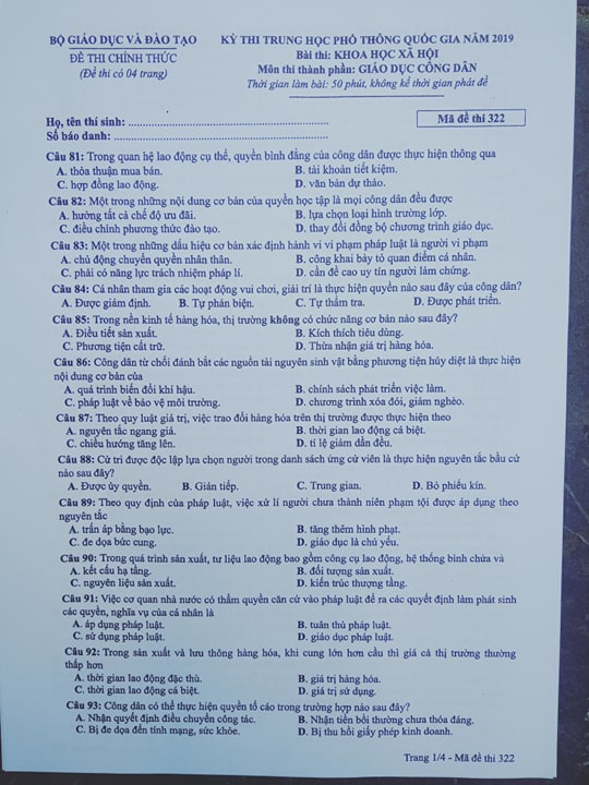 Giáo dục - Đáp án đề thi môn GDCD mã đề 322 thi THPT Quốc gia 2019 chuẩn nhất (Hình 2).