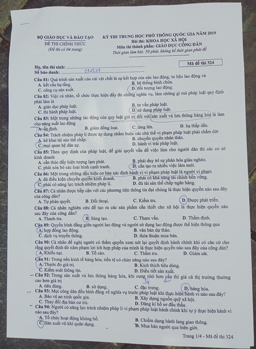 Giáo dục - Đáp án đề thi môn GDCD mã đề 324 thi THPT Quốc gia 2019 chuẩn nhất (Hình 2).