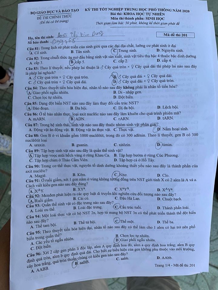 Giáo dục - Đáp án đề thi môn Sinh học tốt nghiệp THPT 2020 chuẩn nhất mã đề 201