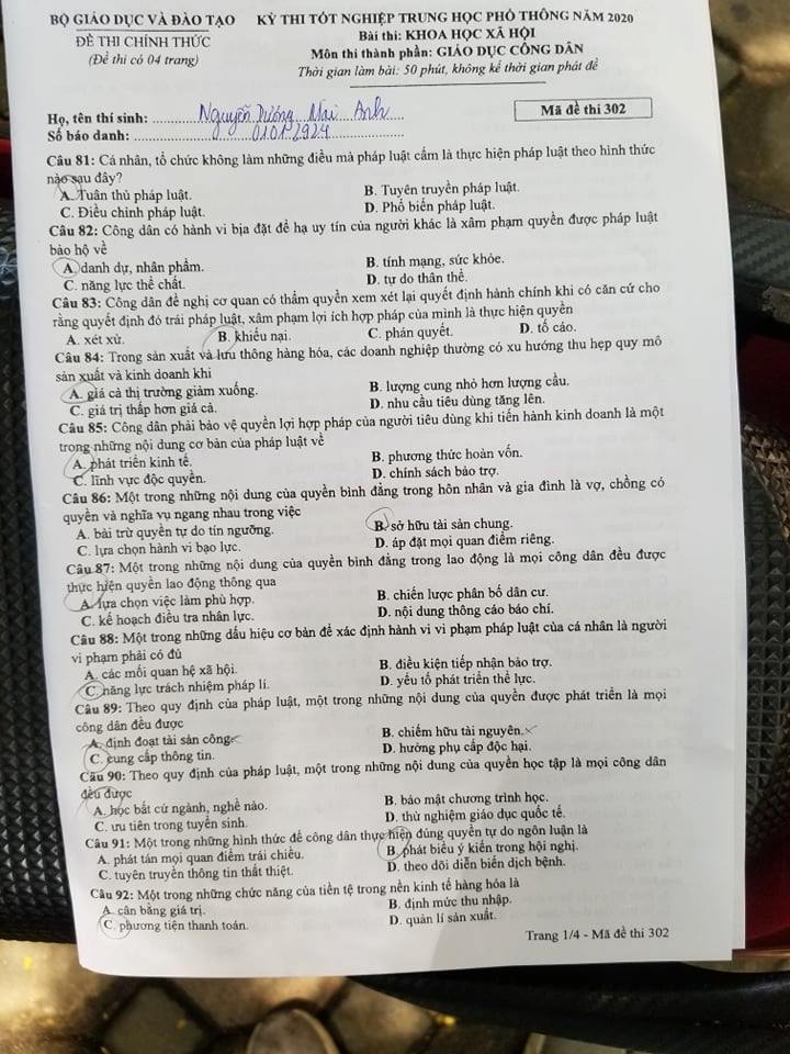 Giáo dục - Đáp án đề thi môn GDCD tốt nghiệp THPT 2020 chuẩn nhất mã đề 302