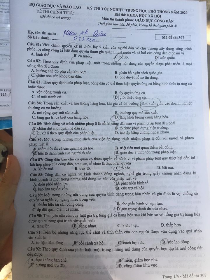 Giáo dục - Đáp án đề thi môn GDCD tốt nghiệp THPT 2020 chuẩn nhất mã đề 307
