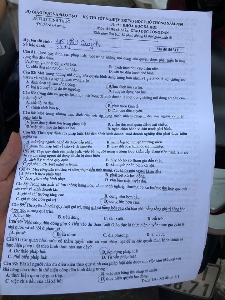 Giáo dục - Đáp án đề thi môn GDCD tốt nghiệp THPT 2020 chuẩn nhất mã đề 311
