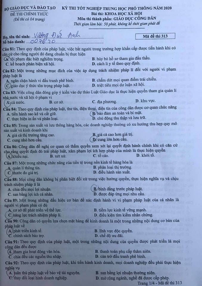 Giáo dục - Đáp án đề thi môn GDCD tốt nghiệp THPT 2020 chuẩn nhất mã đề 313