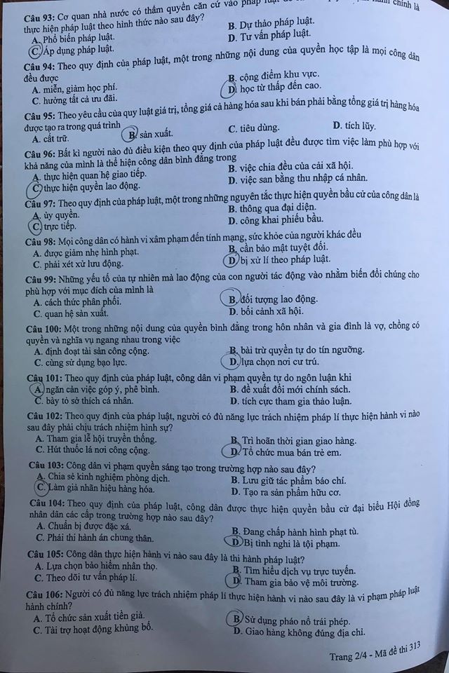 Giáo dục - Đáp án đề thi môn GDCD tốt nghiệp THPT 2020 chuẩn nhất mã đề 313 (Hình 2).