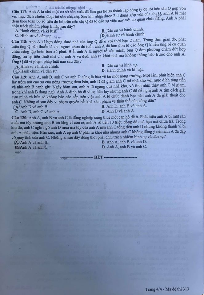 Giáo dục - Đáp án đề thi môn GDCD tốt nghiệp THPT 2020 chuẩn nhất mã đề 313 (Hình 4).