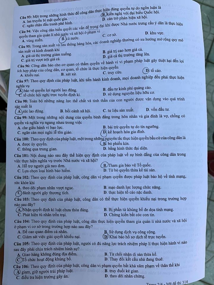 Giáo dục - Đáp án đề thi môn GDCD tốt nghiệp THPT 2020 chuẩn nhất mã đề 314 (Hình 2).