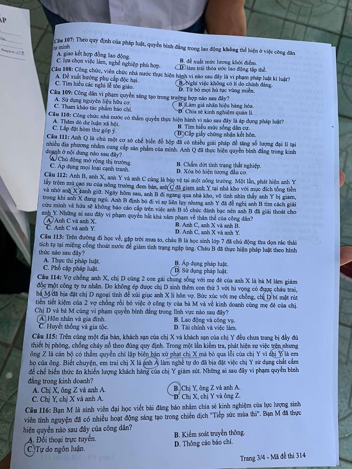 Giáo dục - Đáp án đề thi môn GDCD tốt nghiệp THPT 2020 chuẩn nhất mã đề 314 (Hình 3).