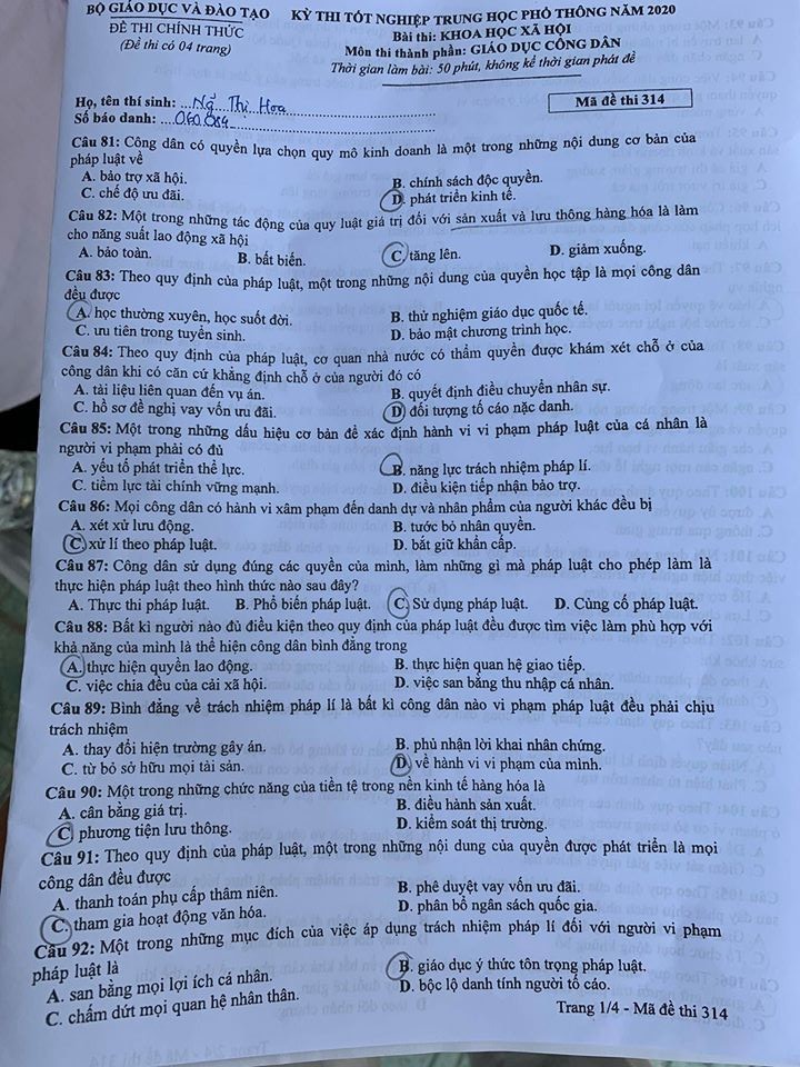 Giáo dục - Đáp án đề thi môn GDCD tốt nghiệp THPT 2020 chuẩn nhất mã đề 314