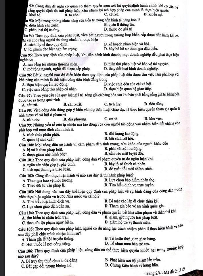 Giáo dục - Đáp án đề thi môn GDCD tốt nghiệp THPT 2020 chuẩn nhất mã đề 319 (Hình 2).