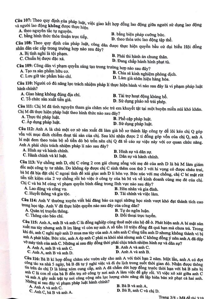 Giáo dục - Đáp án đề thi môn GDCD tốt nghiệp THPT 2020 chuẩn nhất mã đề 319 (Hình 3).