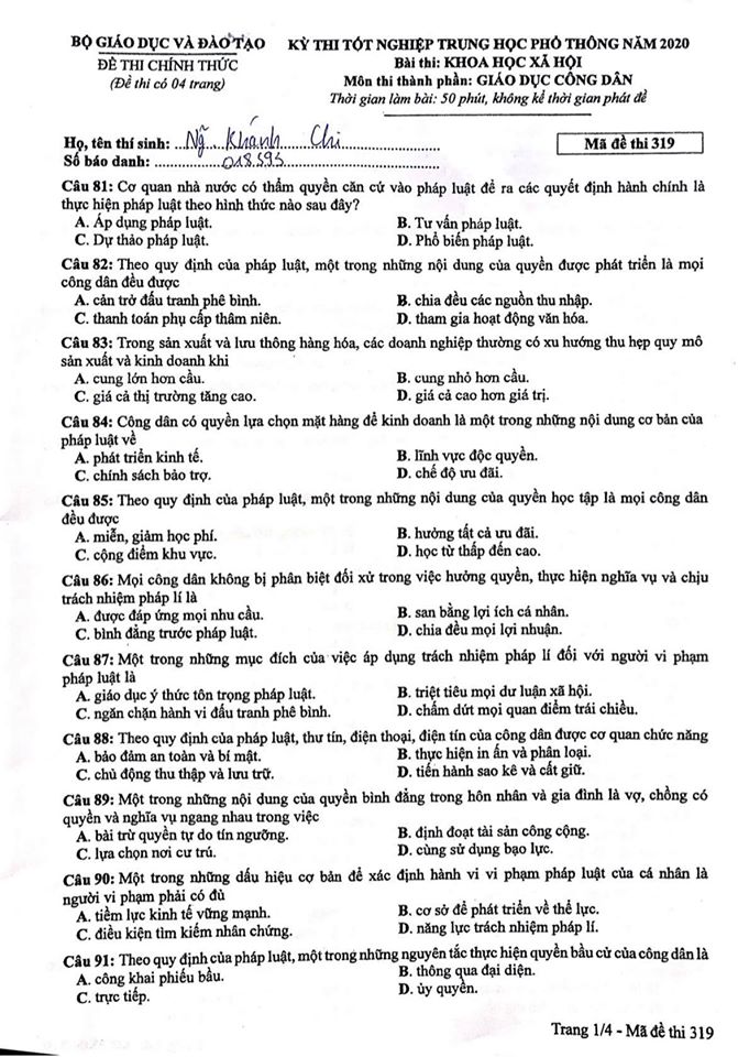 Giáo dục - Đáp án đề thi môn GDCD tốt nghiệp THPT 2020 chuẩn nhất mã đề 319