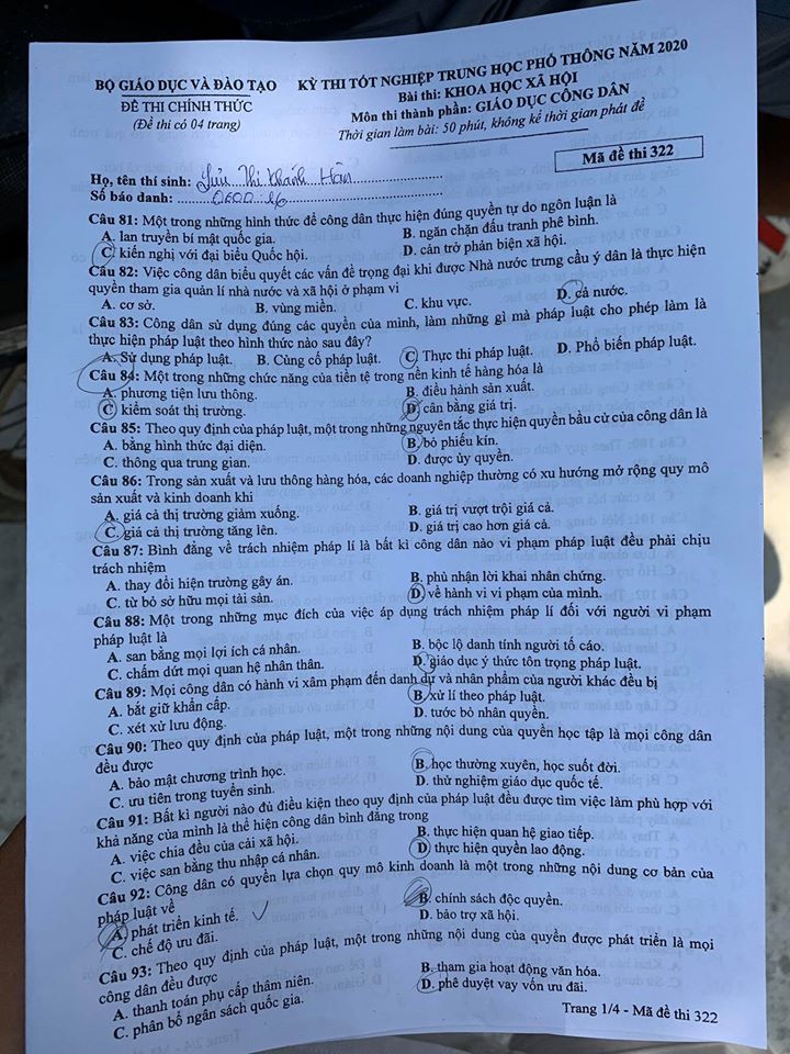 Giáo dục - Đáp án đề thi môn GDCD tốt nghiệp THPT 2020 chuẩn nhất mã đề 322