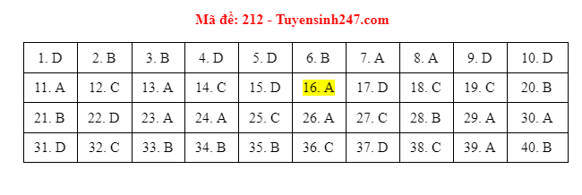 Giáo dục - Đáp án đề thi môn Vật Lý mã đề 212 kỳ thi THPT Quốc gia 2021
