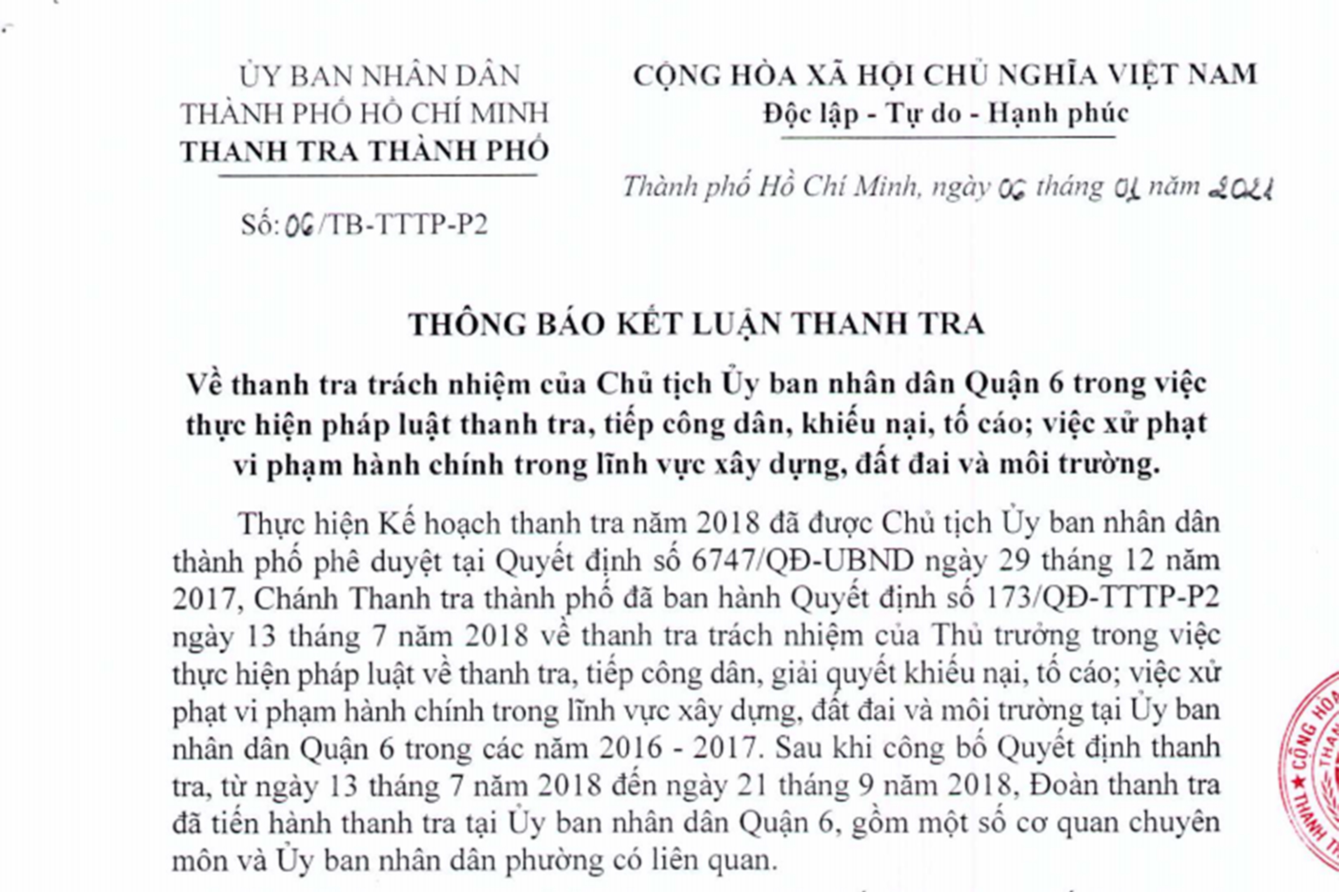 Tin nhanh - Kết luận thanh tra trách nhiệm của Chủ tịch UBND quận 6