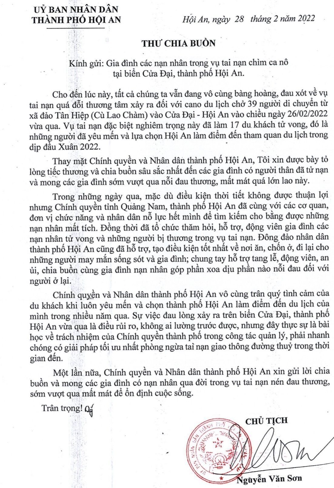 Dân sinh - Vụ lật ca nô khiến 17 người tử vong: Chủ tịch Hội An gửi thư chia buồn 