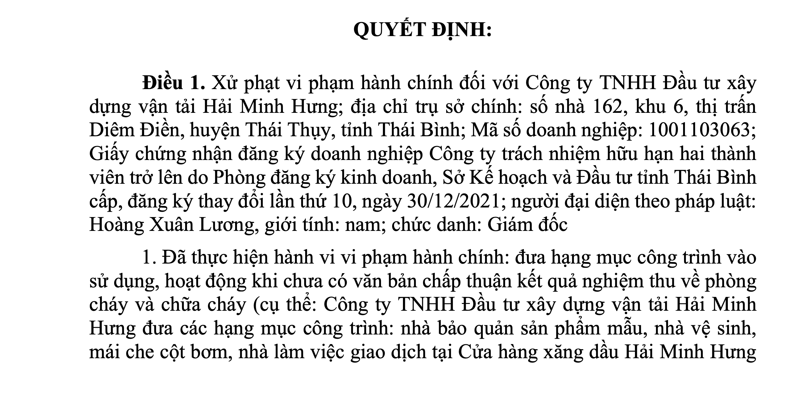 Hồ sơ doanh nghiệp - Phạt Công ty Hải Minh Hưng 94 triệu đồng vì cửa hàng xăng dầu có nhiều vi phạm