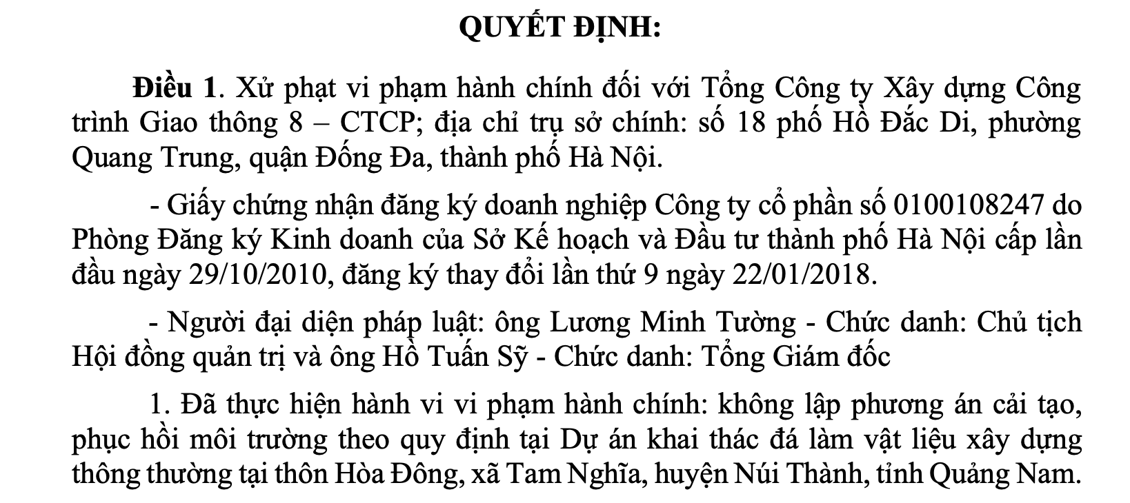 Môi trường - CIENCO 8 bị UBND tỉnh Quảng Nam xử phạt 350 triệu 