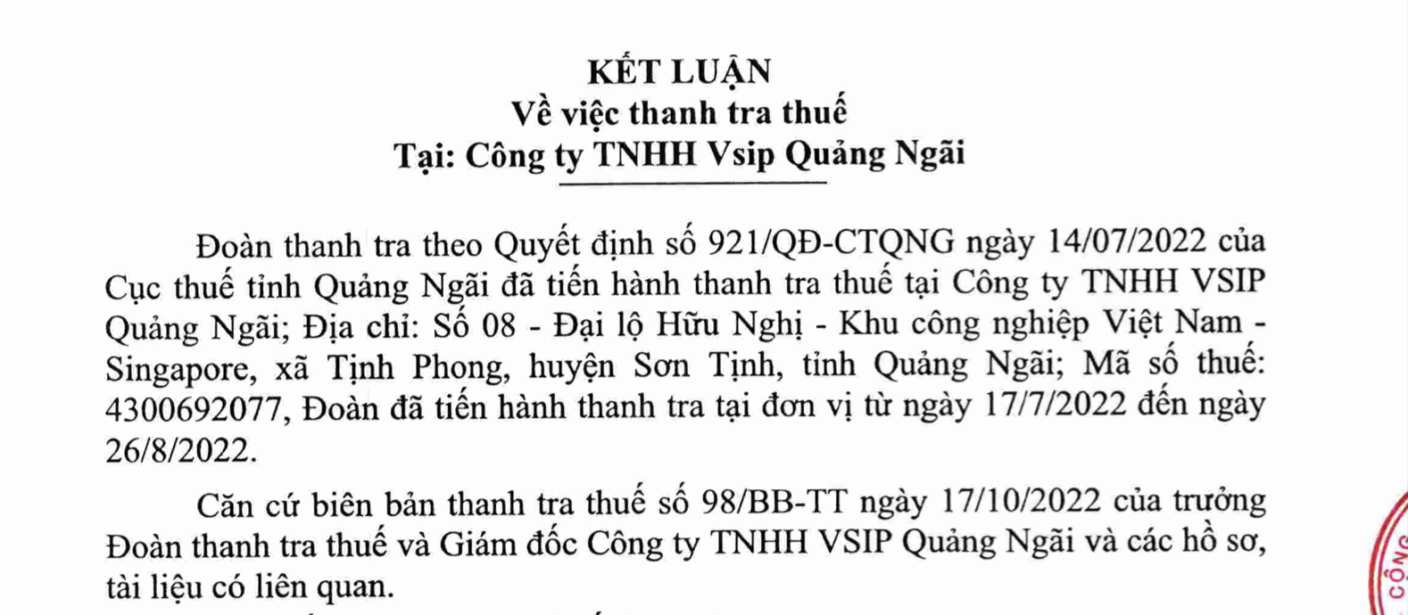 Hồ sơ doanh nghiệp - Phát hiện sai phạm thuế tại Công ty TNHH Vsip Quảng Ngãi (Hình 2).