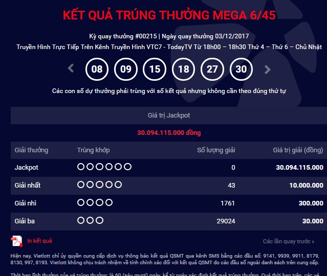 Tiêu dùng & Dư luận - Kết quả xổ số Vietlott Mega 6/45 ngày 3/12: Jackpot đã lên đến 30 tỷ đồng 