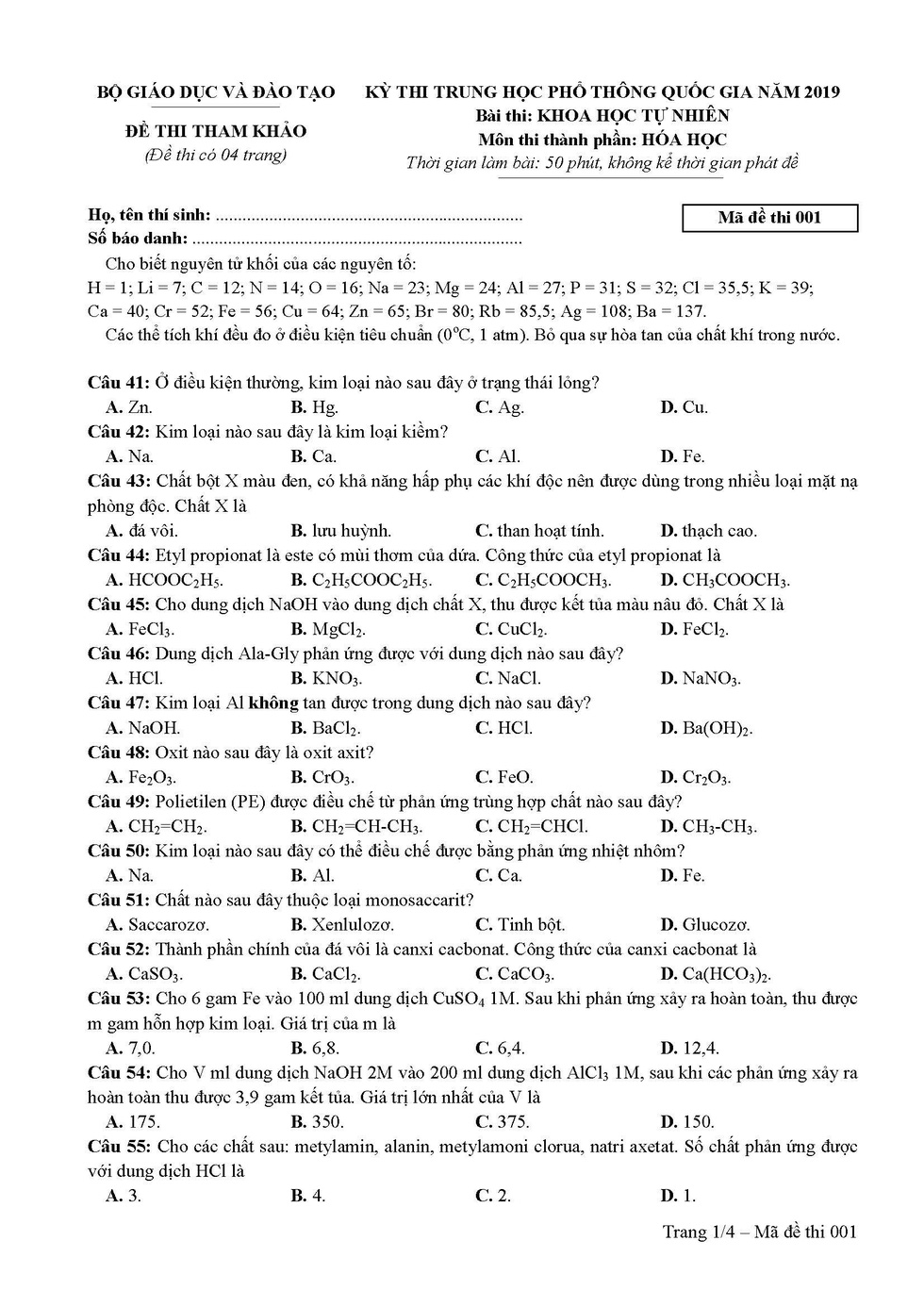 Giáo dục - Đáp án đề thi môn Hoá học mã đề 223 thi THPT Quốc gia 2019 chuẩn nhất  (Hình 7).