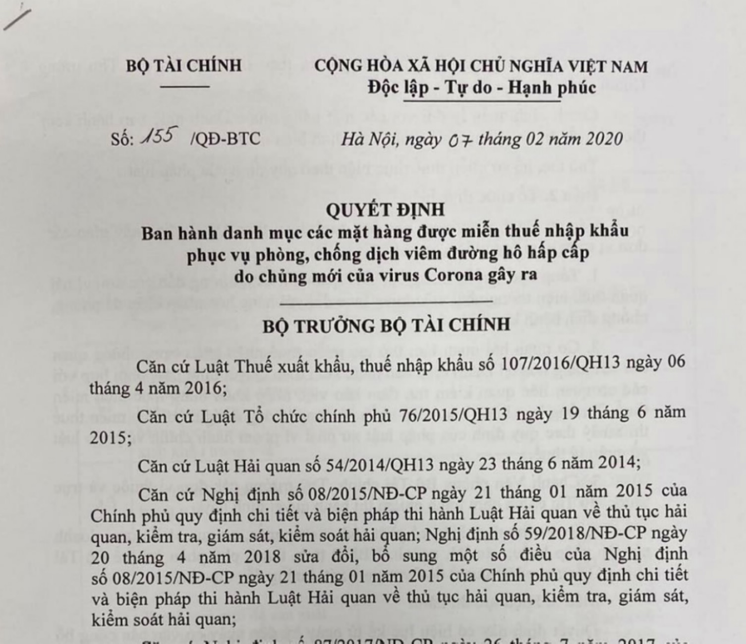 Tài chính - Ngân hàng - Danh mục các mặt hàng được miễn thuế nhập khẩu phục vụ phòng, chống dịch do chủng mới virus Corona gây ra