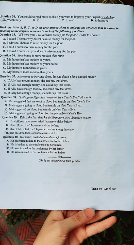 Giáo dục - Đáp án Đề thi chính thức môn Tiếng Anh tuyển sinh vào lớp 10 ở Hà Nội - Mã đề 006 (Hình 4).