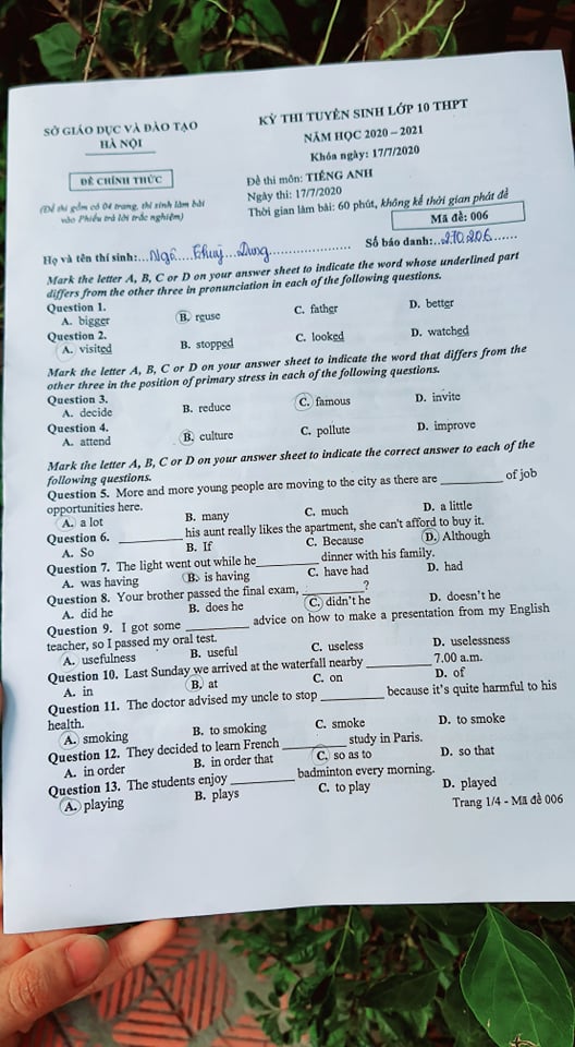 Giáo dục - Đáp án Đề thi chính thức môn Tiếng Anh tuyển sinh vào lớp 10 ở Hà Nội - Mã đề 006