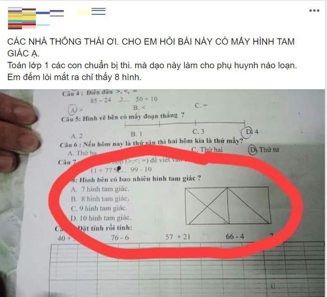 Giáo dục - Tranh cãi đáp án bài toán lớp 1 đếm hình tam giác tưởng 'dễ như ăn kẹo' (Hình 2).