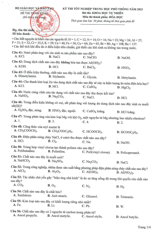 Giáo dục - Đề minh hoạ môn Hóa học thi tốt nghiệp THPT năm 2023