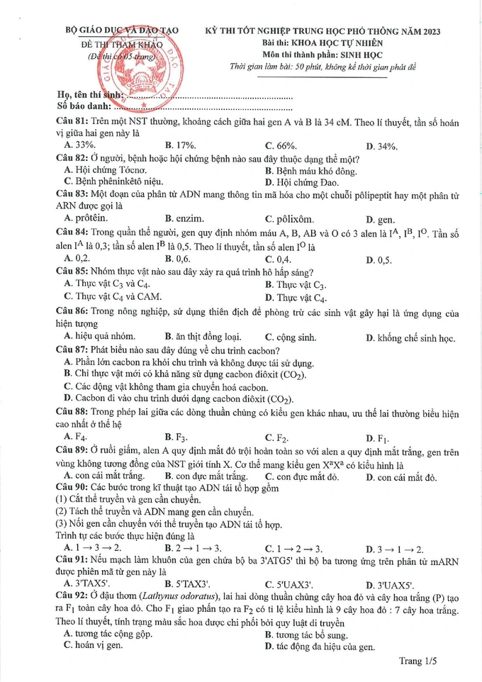 Giáo dục - Đề thi minh hoạ môn Sinh học tốt nghiệp THPT năm 2023