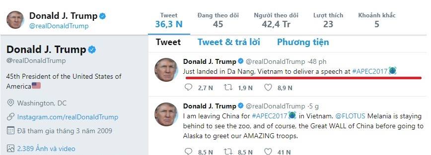 Tiêu điểm - Tổng thống Donald Trump cập nhật Twitter khi đến Đà Nẵng 