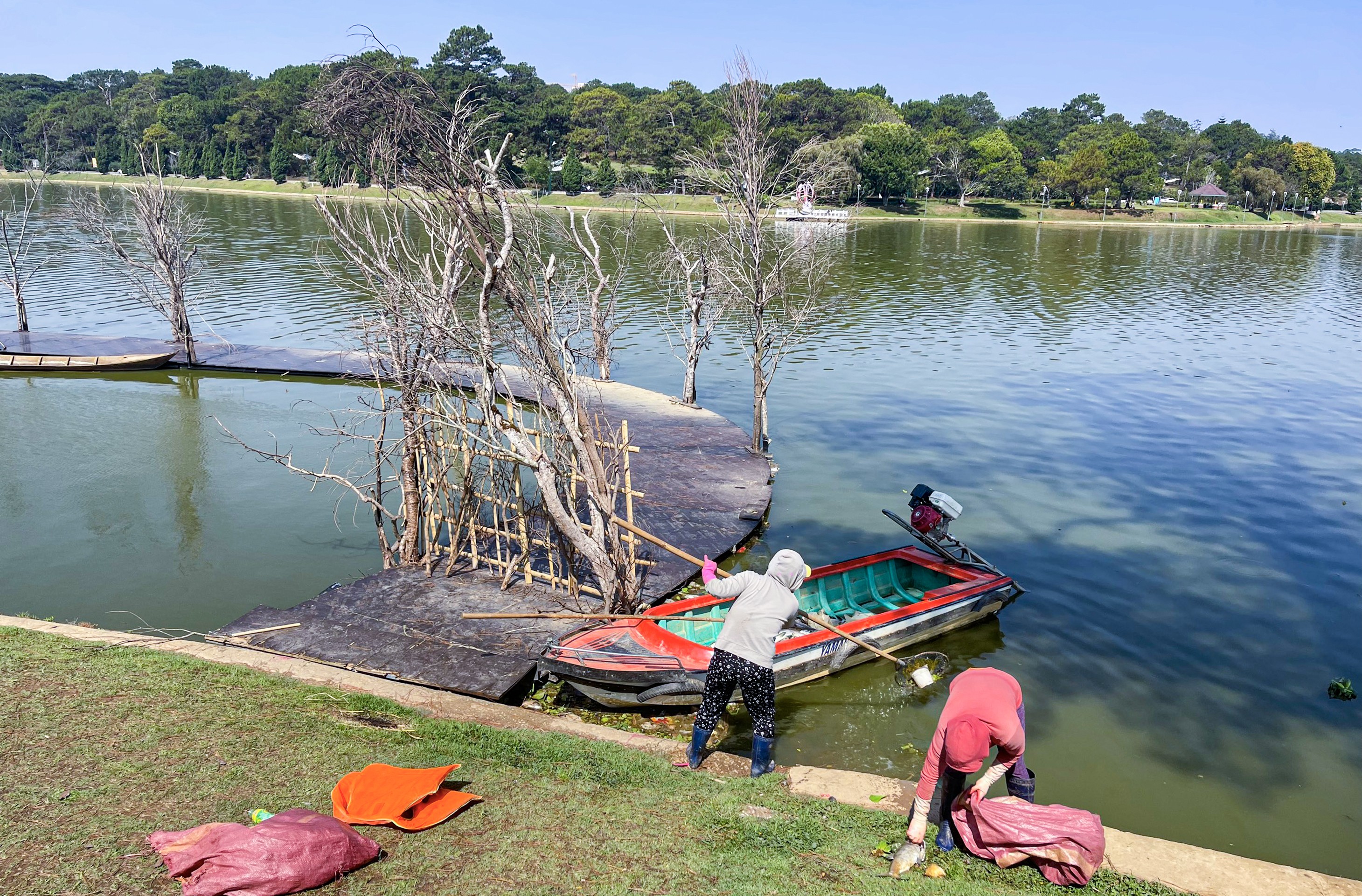 Môi trường - Công nhân môi trường nỗ lực thu gom cá chết trên hồ Xuân Hương (Hình 4).