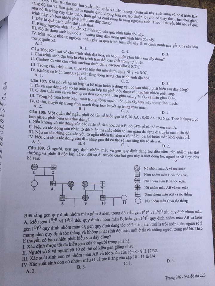 Đáp án môn Sinh học mã đề 223  thi THPT Quốc gia 2018 chuẩn nhất (Hình 3).