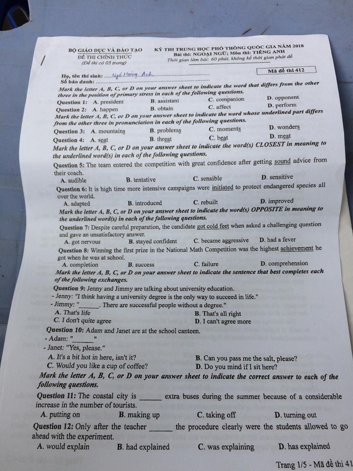 Đề thi, đáp án môn tiếng Anh mã đề 412 THPT Quốc gia 2018 chuẩn nhất