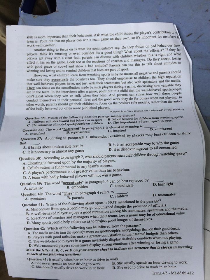 Đề thi, đáp án môn tiếng Anh mã đề 412 THPT Quốc gia 2018 chuẩn nhất (Hình 3).