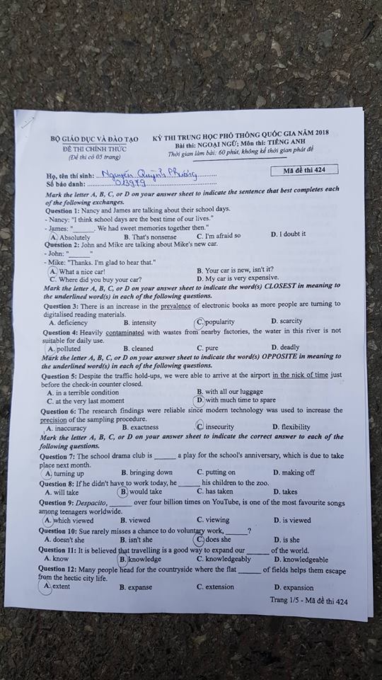 Đề thi, đáp án môn tiếng Anh mã đề 424 THPT Quốc gia 2018 chuẩn nhất