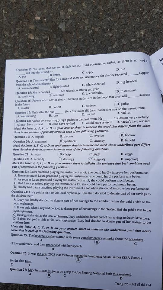 Đề thi, đáp án môn tiếng Anh mã đề 424 THPT Quốc gia 2018 chuẩn nhất (Hình 2).