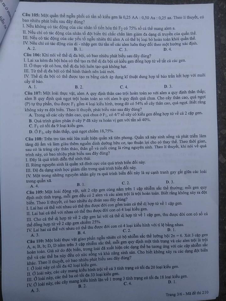 Đề thi, đáp án môn Sinh học mã đề  210  thi THPT Quốc gia 2018 chuẩn nhất (Hình 4).
